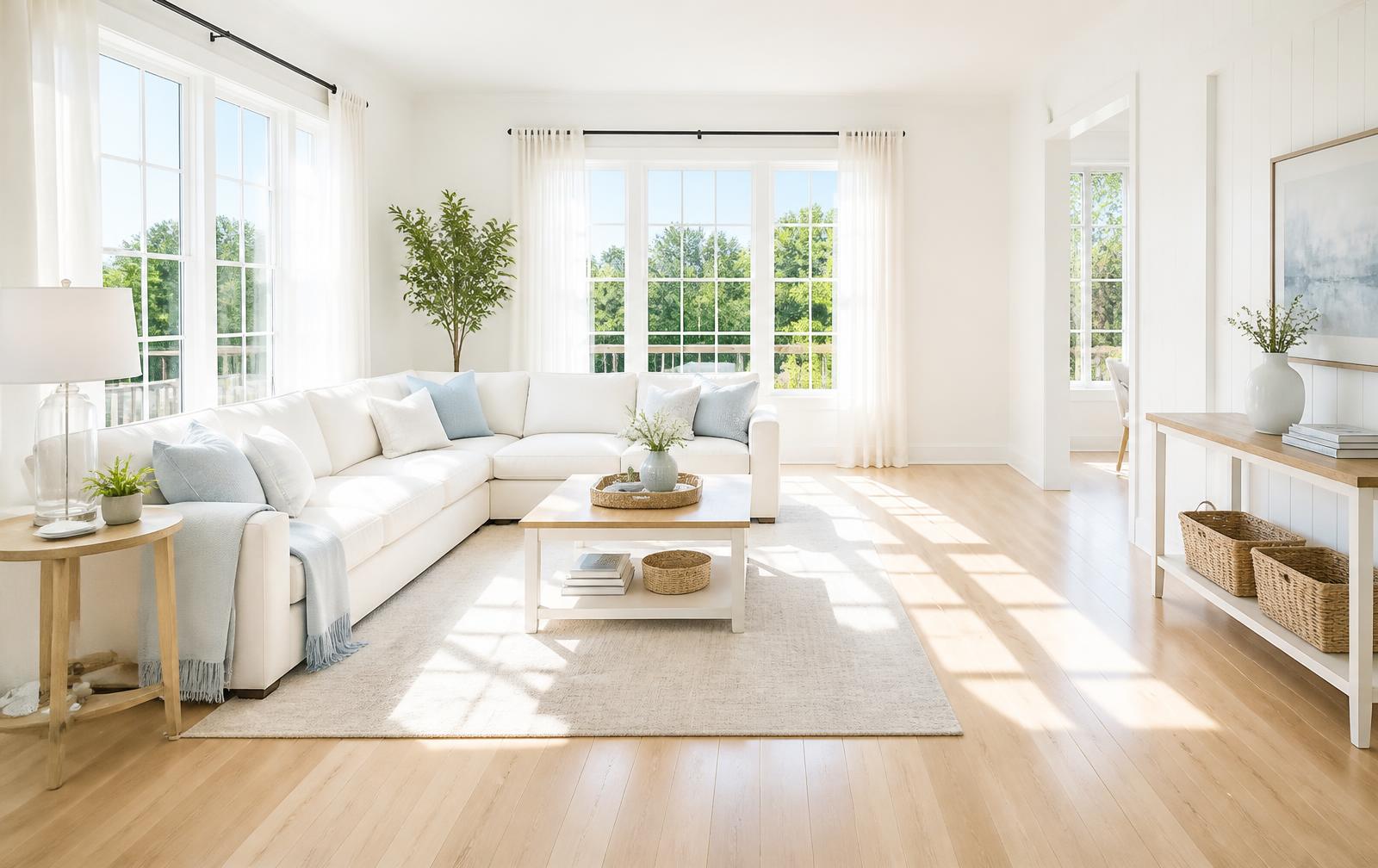 Sunlit, freshly cleaned living room in a Cleburne, Texas home after a Luminous Living Cleaning visit